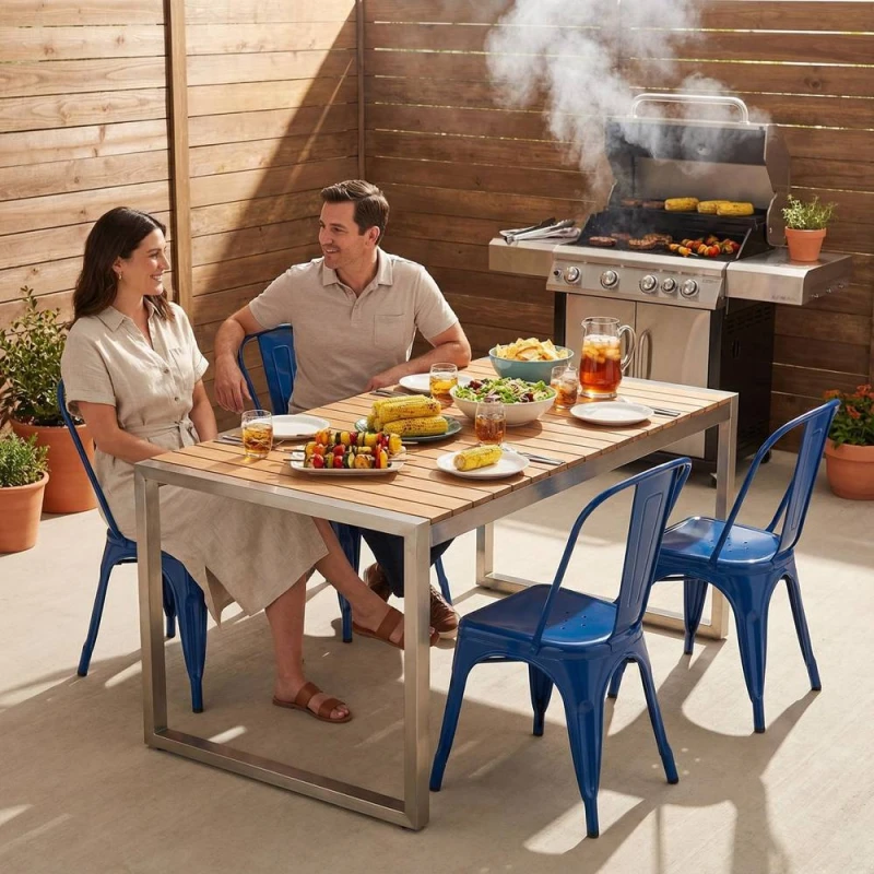 Image of FWStyle Bistro Set Of 4 Blue Gloss Metal Chairs (H) 84 (W) 45.5 (D) 51cm Blue Unisex