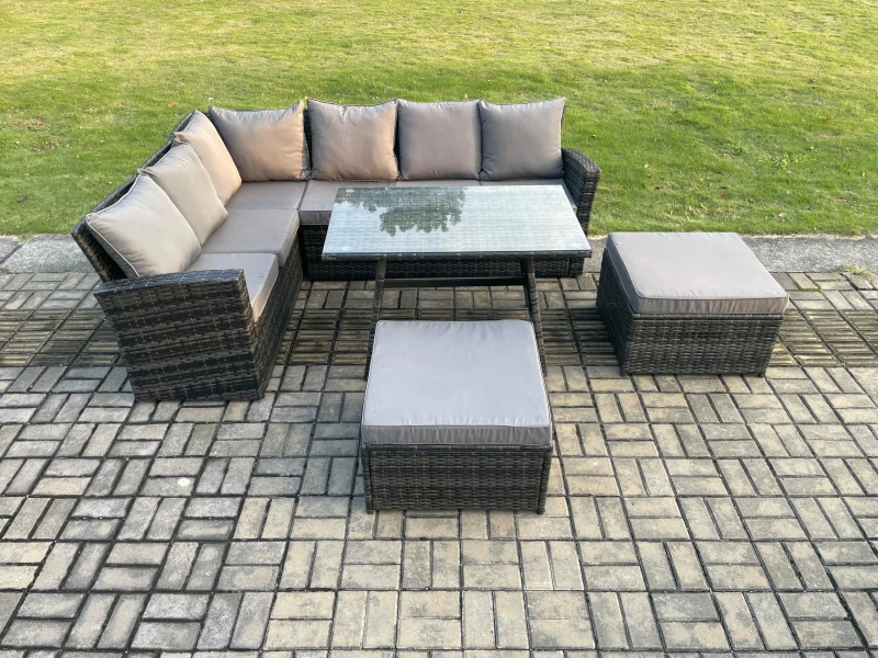 Image of Fimous High Back Outdoor Garden Furniture Set Rattan Corner Sofa Dining Table Set With 2 Big Footstools 8 Seater Dark Grey
