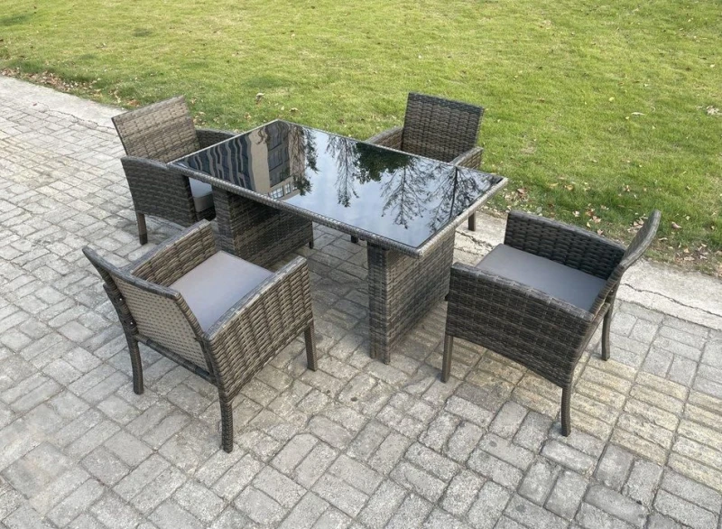 Image of Fimous Wicker PE Outdoor Rattan Garden Furniture Arm Chair & Table Dining Sets 4 Seater Rectangular Table Dark Grey Mixed Dark Grey Unisex