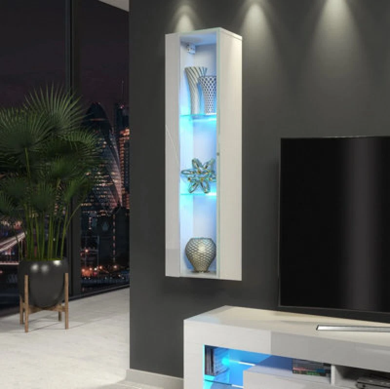 Image of Furneo White Glass Floating Display Cabinet Tall Wall Unit Art 01 Blue LED Lights