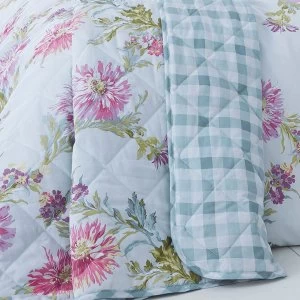 Image of Catherine Lansfield Chrysanthemum Check Reversible Bedspread - Duck Egg