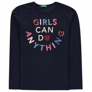 Image of Benetton Long Sleeve Slogan T-Shirt - 13C Navy