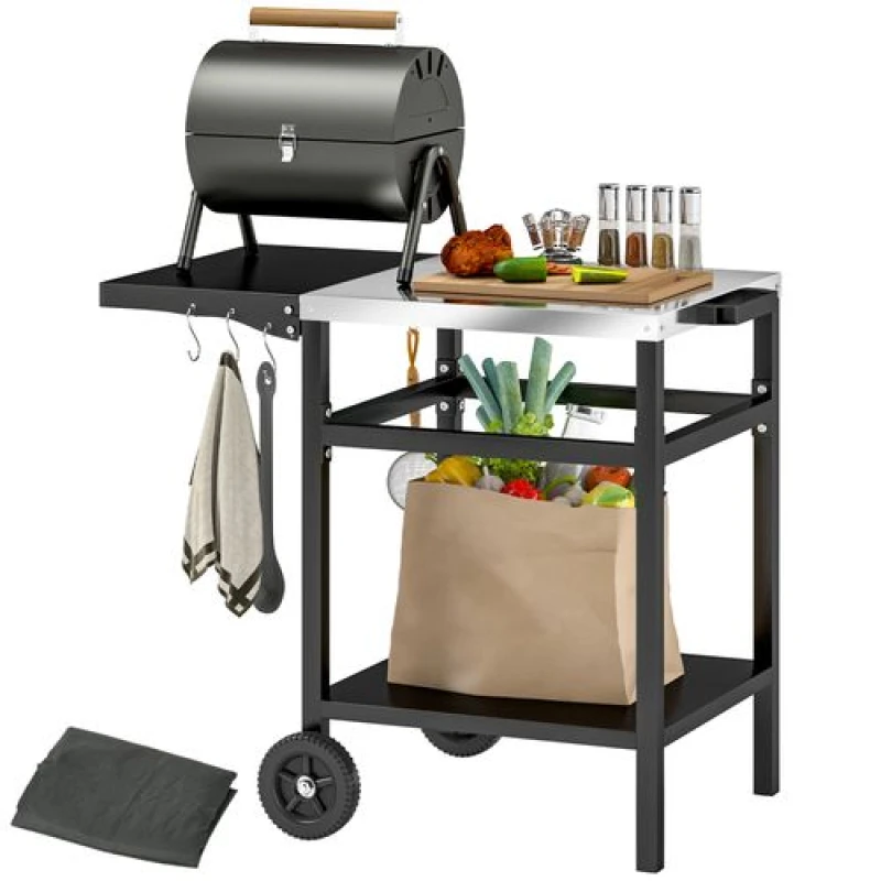 Image of Outsunny BBQ Trolley with Foldable Side Table, Movable Pizza Table, Black 846-156V00BK