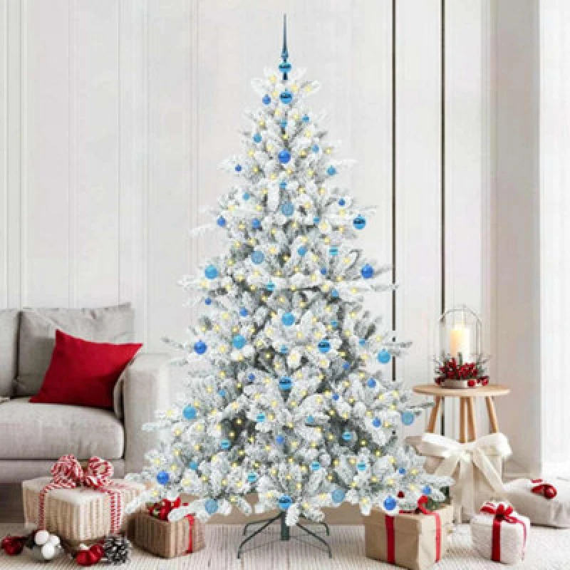Image of vidaXL Artificial Hinged Christmas Tree with 300 LEDs, Blue Balls Snow Flocked 210cm PVC, Green 3397738