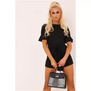 Image of I Saw It First Black Tie Waist Frill Sleeve Playsuit - Black