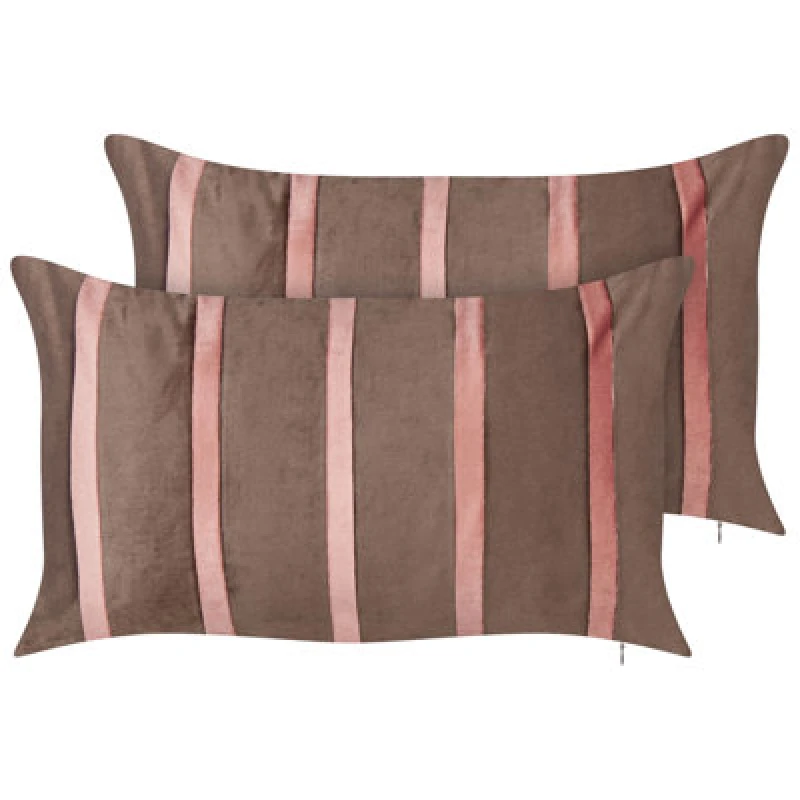 Image of Beliani Set Of 2 Decorative Cushions Crodyline Velvet 35 X 60 Cm Brown Striped