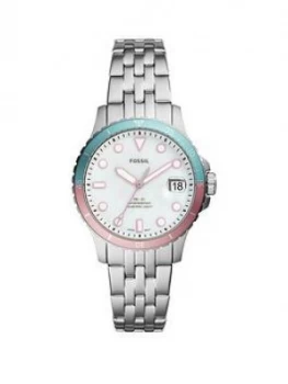 Image of Fossil Silver With Pink And Blue Bezel Date Dial Stainless Steel Bracelet Women Watch