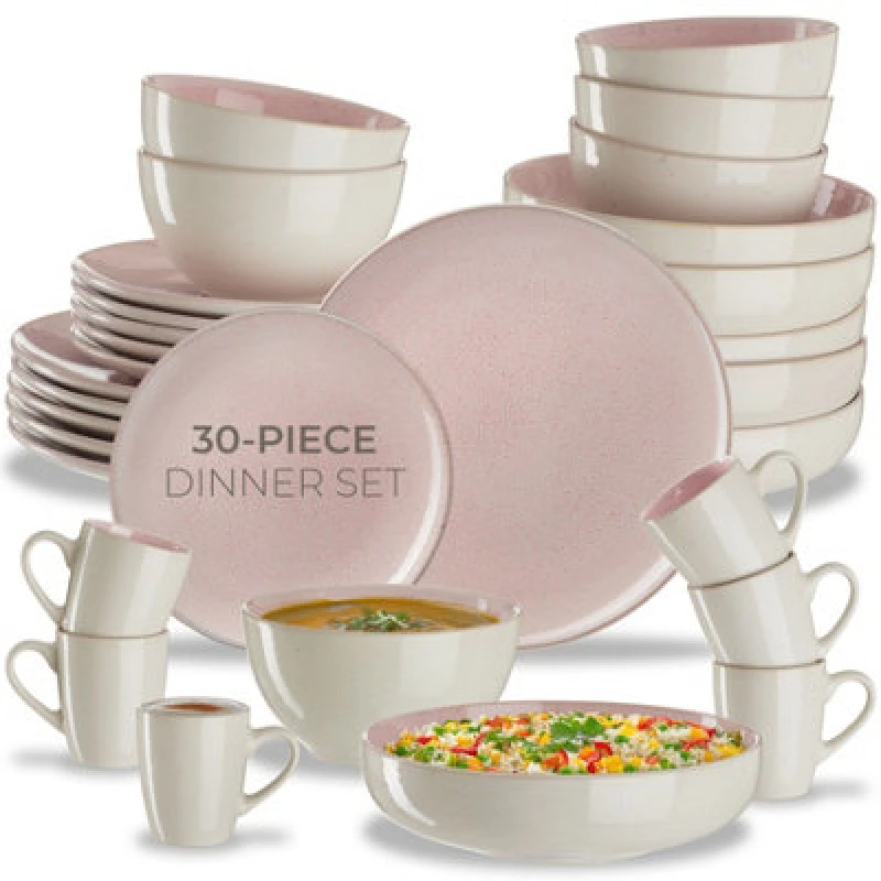 Image of Tectake 30 PC Dinner Set Mare In Glazed Stoneware For 6 People, Microwave- And Dishwasher-Safe - Rose