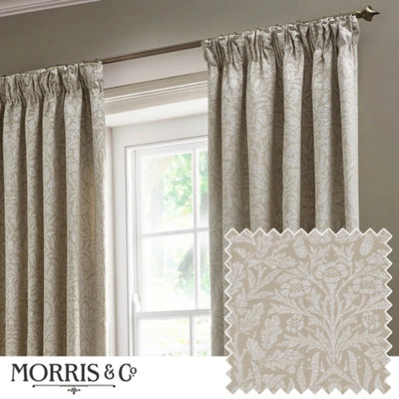 Image of Morris & Co Acorn Tonal Matt Jacquard Room Darkening Pencil Pleat Curtain Pair Linen (W)229Cm X (D)137Cm