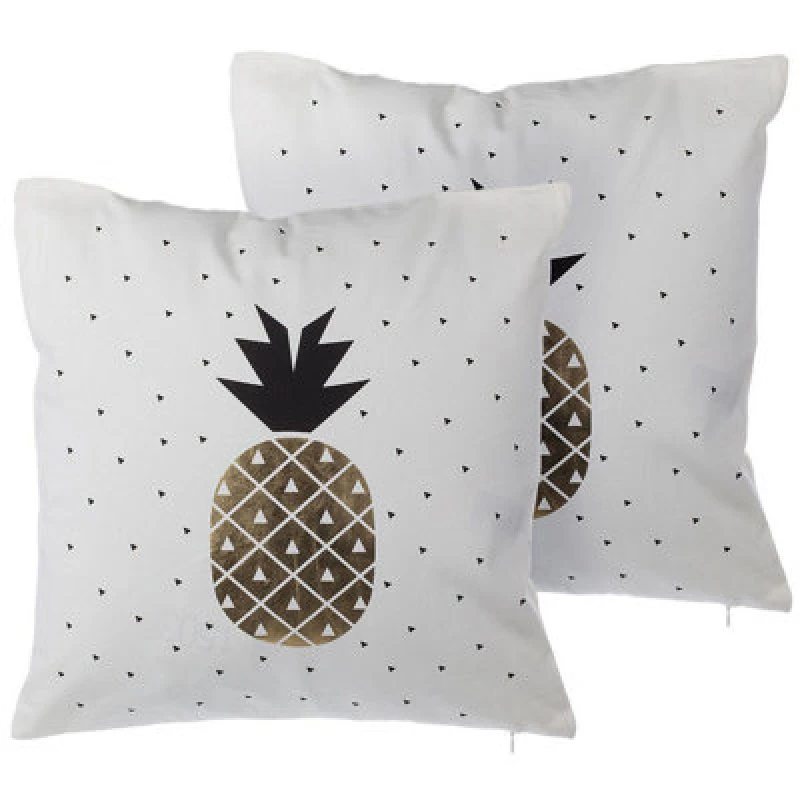 Image of Beliani Set Of 2 Decorative Cushions Yasmin Cotton 45 X 45cm White Gold Black Plant Pattern