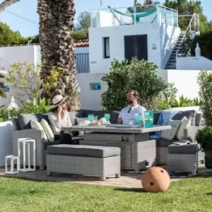 Image of Santiago Rectangular Rattan Corner Dining Set - With Rising Firepit Table - White Wash