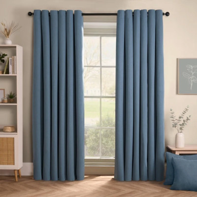 Image of OHS OHS Woven Texture Pair Of Eyelet Curtains in Blue Size: 229cm width x 229cm drop Blue 229cm width x 229cm drop Unisex 5027434207244