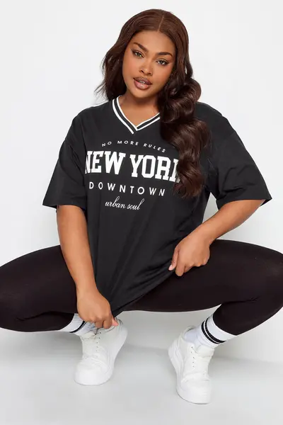 Image of Yours 'New York' Slogan V-Neck T-Shirt Black