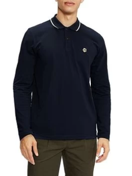 Image of Ted Baker Long Sleeve Embroidered Logo Polo Shirt - Navy, Size 2, Men