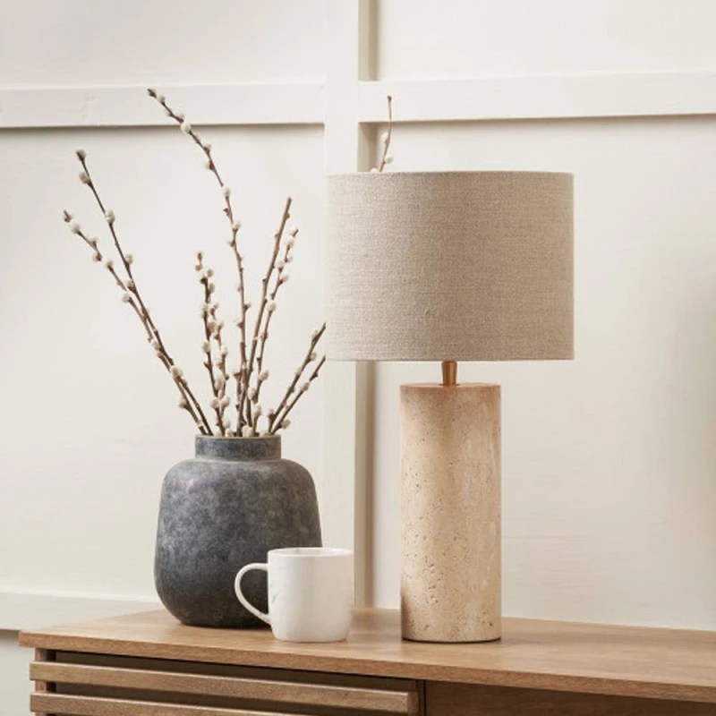 Image of Ruma Limestone Cylinder Table Lamp with Hessian Shade Natural