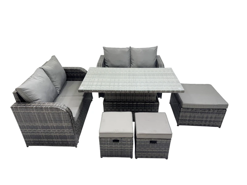 Image of Fimous 7-seater Rattan Garden Furniture Dining Set with 3 Stool in Dark Grey Dark Grey Unisex