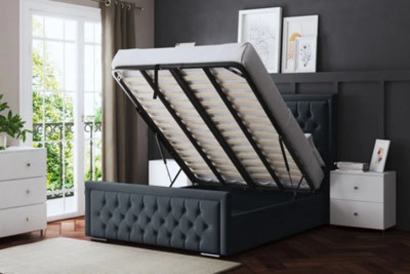 Image of DS LIVING Allegra Steel Upholstered Bed With Ottoman Metal Gas Lift Small Double AM_HILTONOB_SDB_ST