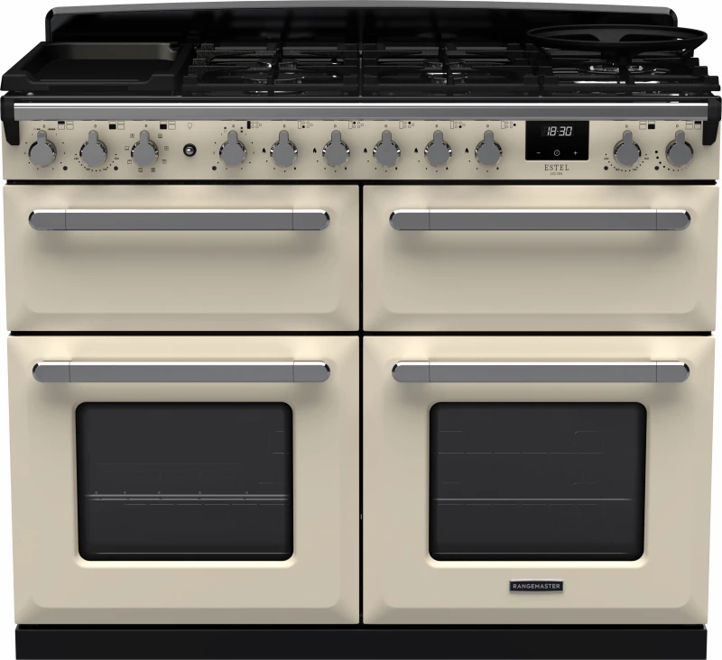 Image of Rangemaster Estel Deluxe ESDLB110DFPPCR/CM1 110cm wide Dual Fuel Range Cooker with Gas Hob - Cream / Chrome - A/A Rated