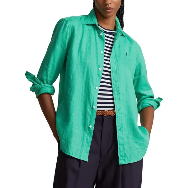 Image of Embroidered Logo Linen Shirt with Long Sleeves