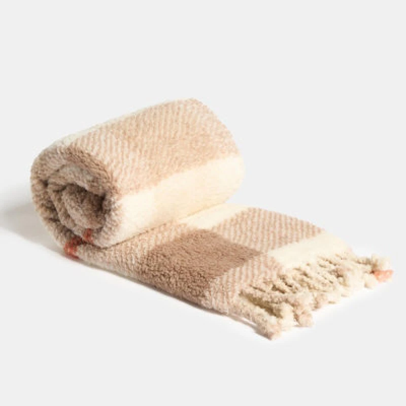 Image of OHS OHS Check Tassel Sherpa Fleece Throw Ultra Soft Cosy Blanket in Burnt Orange Size: 120cm x 150cm Burnt Orange 120cm x 150cm Unisex 5027434227662