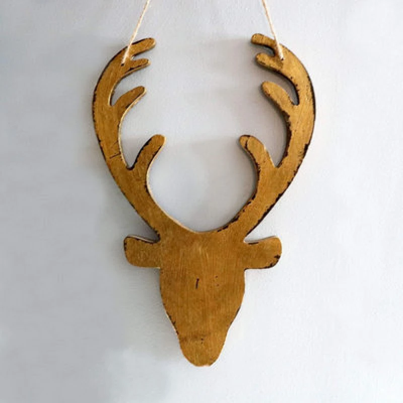 Image of Shatchi 26cm Golden Christmas Wooden Hanging Deer Head Wall Decoration Xmas Home Office Holiday Decorative Centrepiece Gold