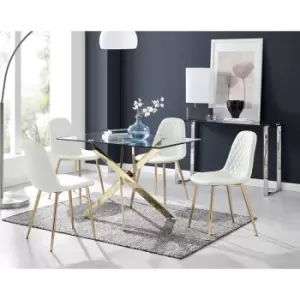 Image of Furniturebox Leonardo 120cm Modern Glass And Gold Metal Leg Dining Table And 4 White Corona Faux Leather Dining Chairs with Gold Legs Diamond Stitch