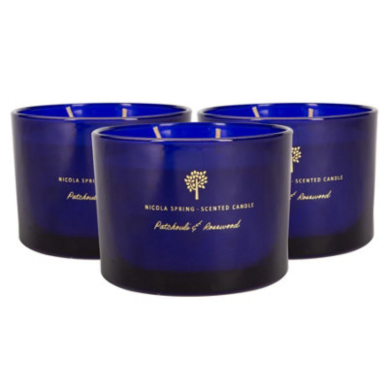 Image of Nicola Spring 3X Scented Candles - 350G - Patchouli & Rosewood - Double Wick Glass Jars Relaxing Sweet Creamy Fragrance Long Burn