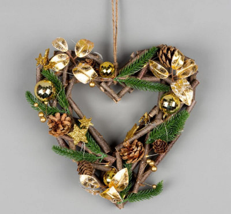 Image of Shatchi 30cm Prelit Heart Wreath Battery Operated - Wooden Twigs Base Decorated Gold