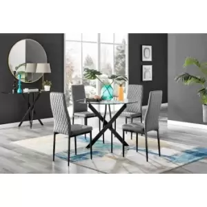 Image of Furniture Box Novara Black Leg Round Glass Dining Table and 4 Grey Milan Black Leg Chairs