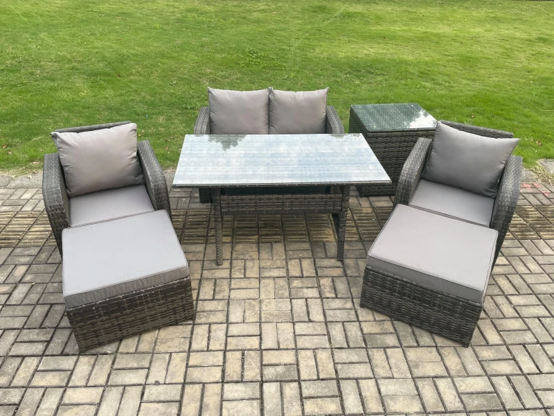 Image of Fimous Rattan Outdoor Garden Furniture Set Rectangular Dining Table & Chair Sofa Set With Side Table 2 Big Footstool in Dark Grey Dark Grey Unisex