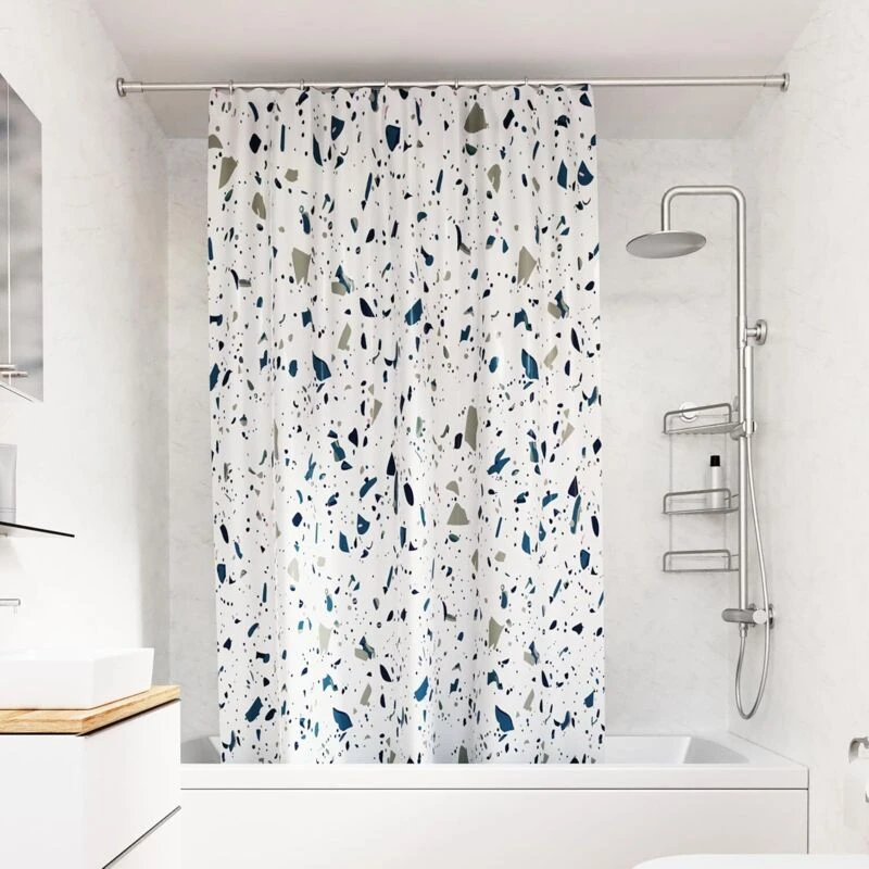 Image of Croydex Croydex Shower Curtain with Blue Terrazzo Design - 100% Polyester with a Weighted Hem, Machine Washable and coated with Proseal for Water Repe