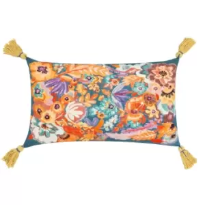 Image of Traloa Floral Tasselled Cushion Multicolour/Gold, Multicolour/Gold / 30 x 50cm / Polyester Filled