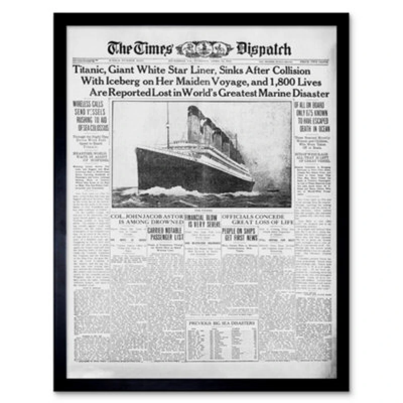 Image of Artery8 Newspaper Front Sheet Page Titanic Disaster 1912 Times Despatch Framed Wall Art Print