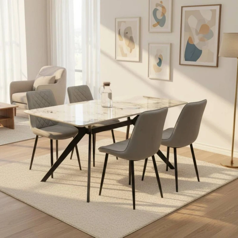 Image of Outdoor Living San Diego Marble Top Dining Table with Amelia Velvet Chairs - Grey Grey Unisex