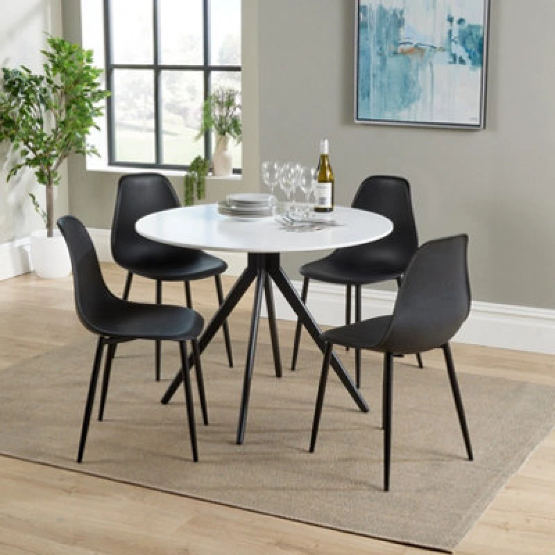 Image of Core Products Aspen White 100Cm Round Dining Table With 4 Black Plastic Curve Design Chairs
