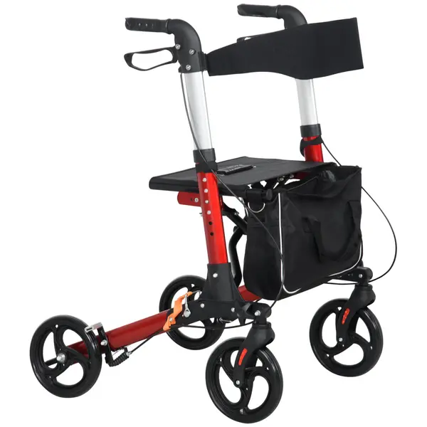 Image of HOMCOM Folding Rollator Walker w/ Seat & Backrest, Lightweight Walking Frame w/ Adjustable Handle Height, 4 Wheeled Walker, Red