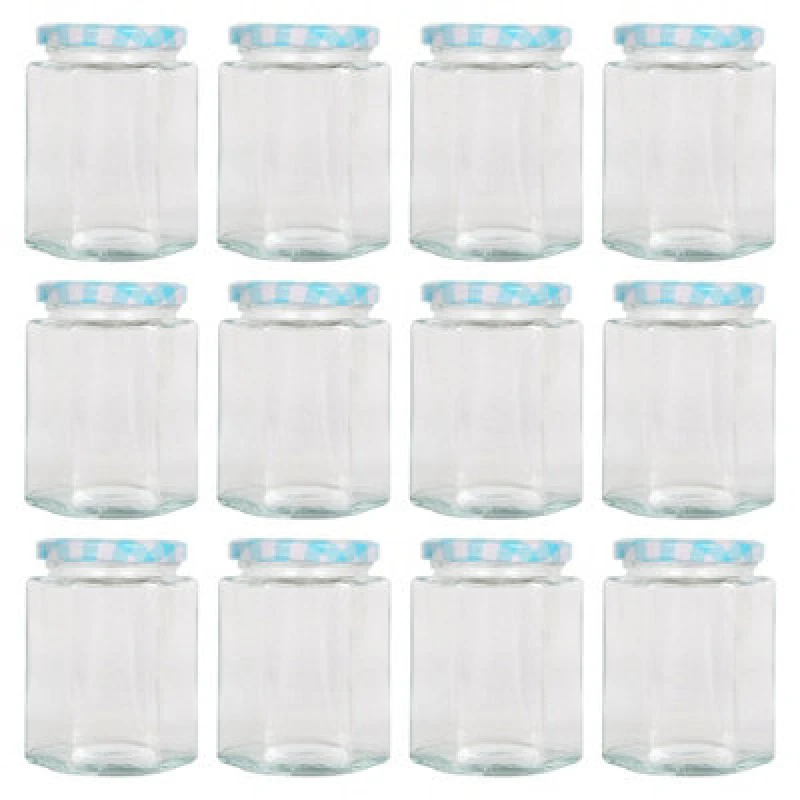 Image of Argon Tableware Hexagonal Glass Jam Jars With Blue Gingham Lids - 250ml - Pack Of 12