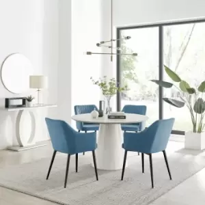 Image of Furniturebox UK - Furniturebox Palma Beige Stone Effect Round Dining Table & 4 Blue Calla Velvet Dining Chairs With Black Legs