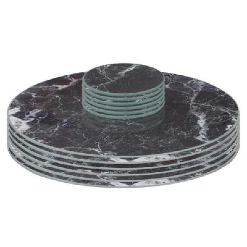 Image of Harbour Housewares 12Pc Round Glass Placemats & Round Coasters - 30Cm Black Marble Dining Table Protection Place Mats Coasters