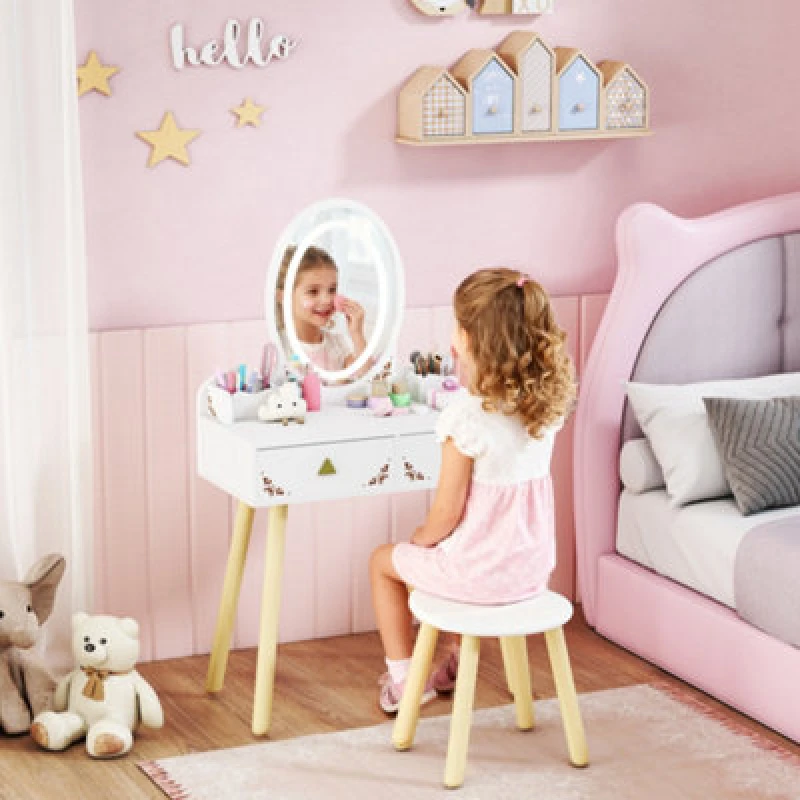 Image of Aiyaplay Kids Vanity Table And Chair Set With 3-Colour LED Lights Mirror