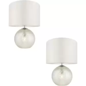 Image of 2 PACK Clear Prism Glass Twin Lit Table Lamp Light & Vintage White Fabric Shade