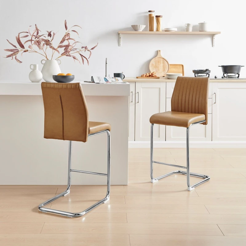 Image of FurnitureboxUK FurnitureboxUK Lorenzo 2x Faux Leather & Silver Bar Chairs in Tan Tan One Size Unisex 5056784304327