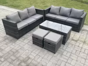 Image of Fimous 6 Seater Outdoor Dark Grey Rattan Lounge Sofa Complete Set with Coffee Table and 2 Stools