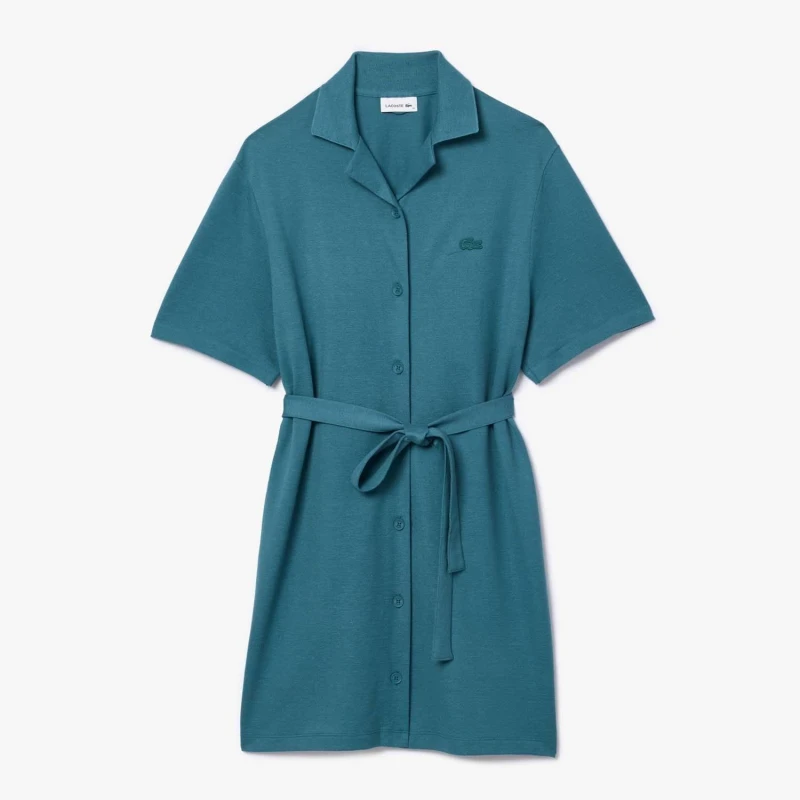 Image of Lacoste Linen and Cotton Belted Shirt Dress Green female 8