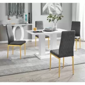 Image of Furniture Box Imperia 4 White Dining Table and 4 Grey Velvet Milan Gold Leg Chairs