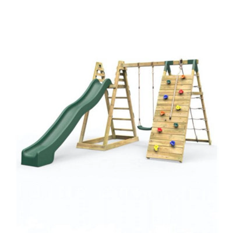 Image of Rebo Wooden Climbing Frame with Swing, Up and Over Climbing Wall and 10ft Slide - Angel Green Green