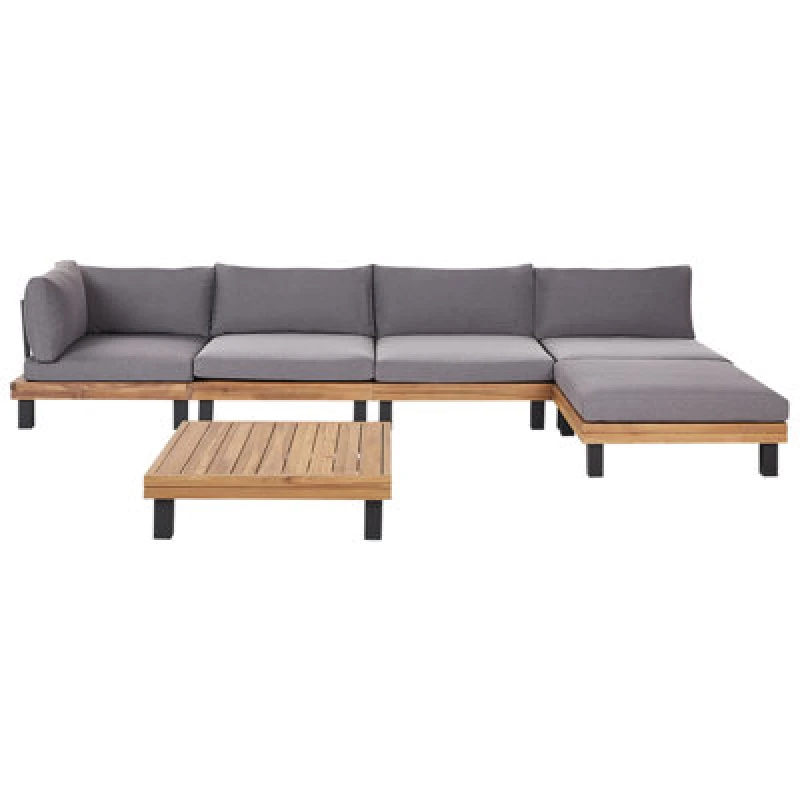 Image of Beliani Garden Corner Sofa With Table 5 Seater Frazzano Modular Certified Acacia Wood Grey