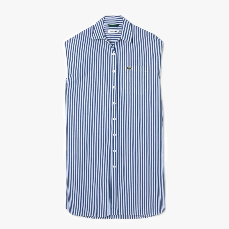 Image of Lacoste Sleeveless Loose Fit Striped Poplin Dress Yellow female 4