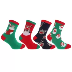 Image of FLOSO Childrens/Kids Christmas Character Novelty Socks (Pack Of 4) (UK Shoe 4-6 , Euro 37-39 (Age: 13 + years)) (Navy/Green/Red)