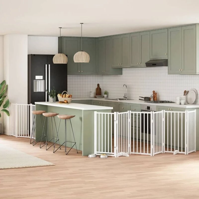 Image of vidaXL Dog Gate with Door Foldable 9 Panels White 450cm Poplar Wood, White 3155706